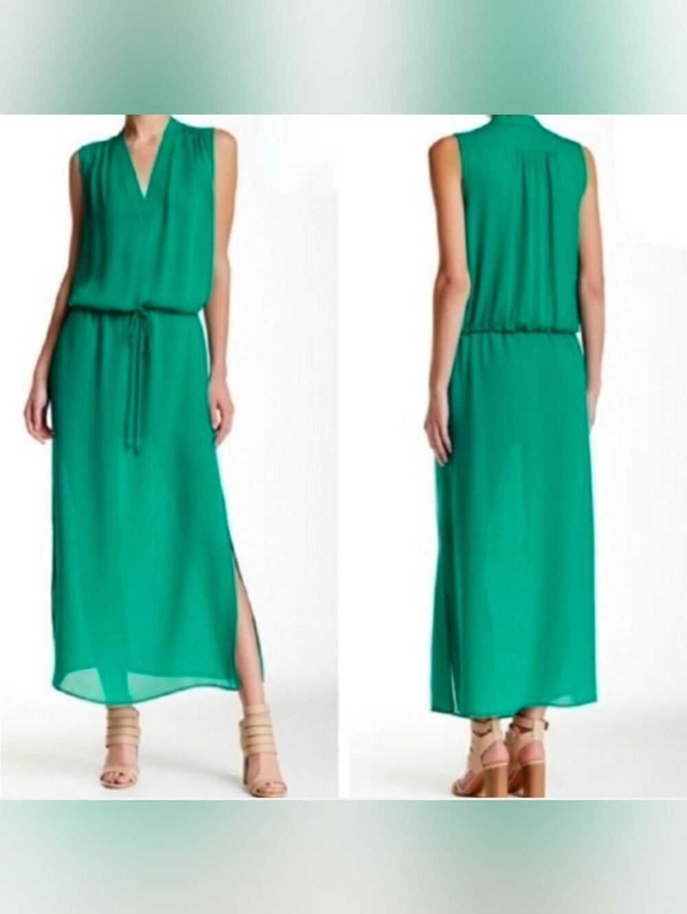 100% Silk Emerald Green Resort Dress W/Side Slit